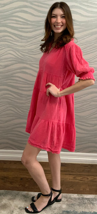 Hot Pink S/S Tiered Dress